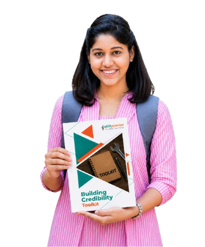 Student holding Skillpromise Building Credibility Toolkit
